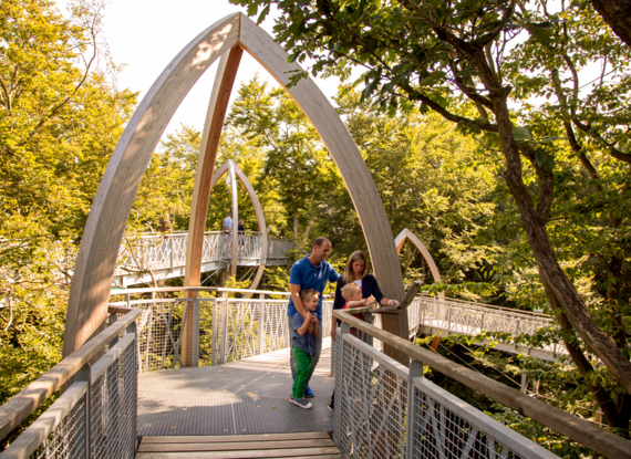 Familie erkundet erhöhten Waldpfad mit hölzernen Bögen, umgeben von üppigem Grün bei hellem Tageslicht