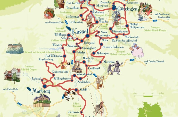 Illustrierte Karte mit Reiserouten, Naturparks, Schlössern und kleinen Städten rund um Kassel und Marburg mit lokalen Figuren und Sehenswürdigkeiten.