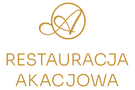 Elegantní logo hotelové restaurace: zlaté monogramové písmeno 'A' v kruhu a nápis 'Restauracja Akacjowa' na černém pozadí