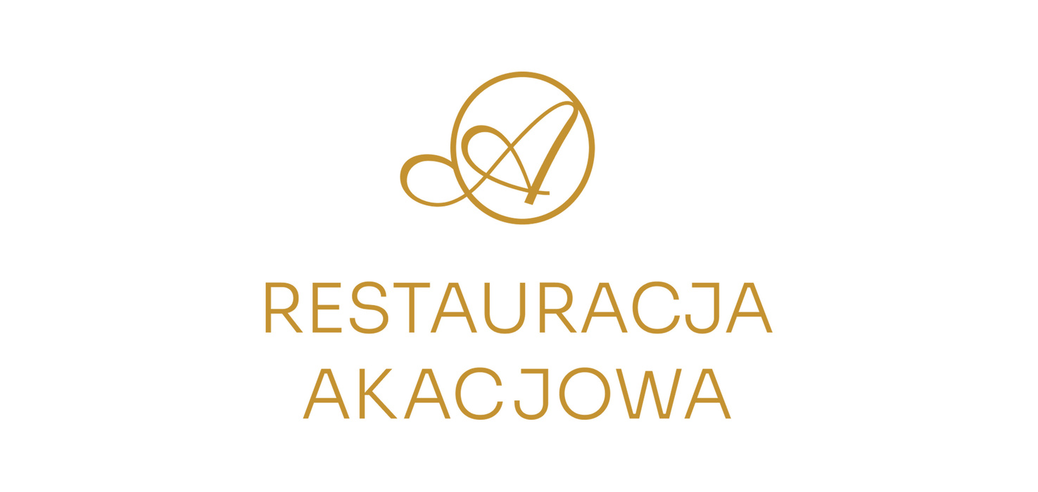 Zlaté monogramové logo s nápisem 'Restauracja Akacjowa' na bílém pozadí, elegantní logo restaurace