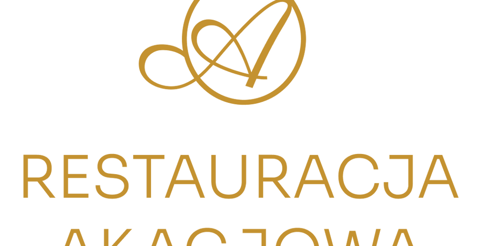 Elegantní logo hotelové restaurace: zlaté monogramové písmeno 'A' v kruhu a nápis 'Restauracja Akacjowa' na černém pozadí