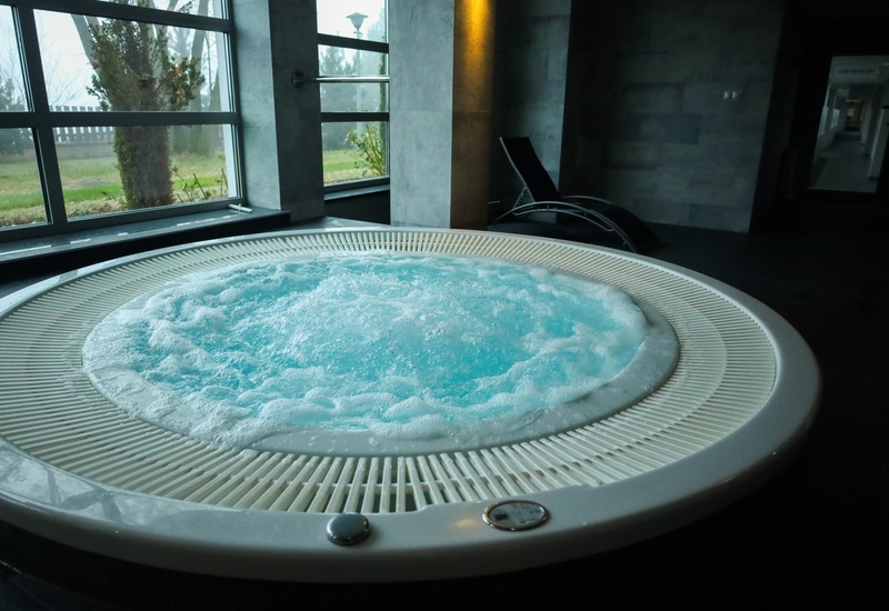 Jacuzzi w hotelowym spa, bąbelki, leżaki przy dużych oknach z widokiem na ogród