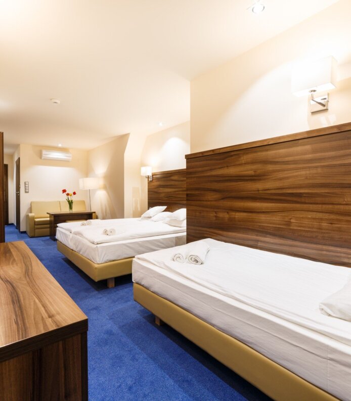 Przestronny pokój hotelowy z dwoma łóżkami, drewnianymi zagłówkami, niebieskim dywanem i zestawem do kawy oraz kanapą z kwiatami