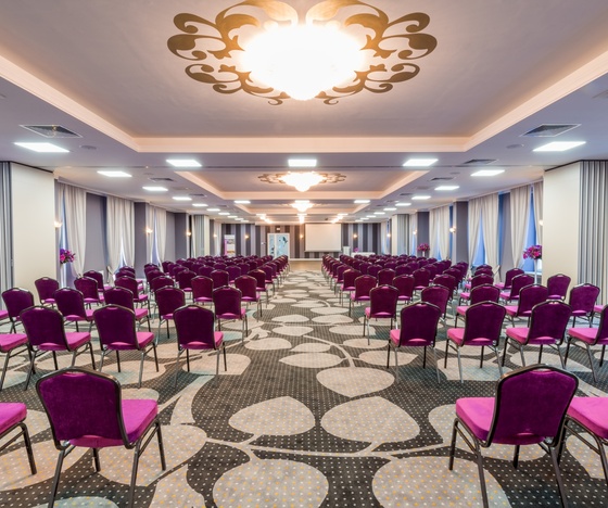 Hotelowa sala konferencyjna z rzędami fioletowych krzeseł, wzorzystym dywanem, lampami sufitowymi, ekranem i zasłonami.