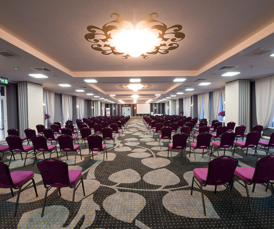 Sala konferencyjna hotelu z rzędami fioletowych krzeseł, wzorzystym dywanem, ozdobnymi lampami sufitowymi i ekranem.