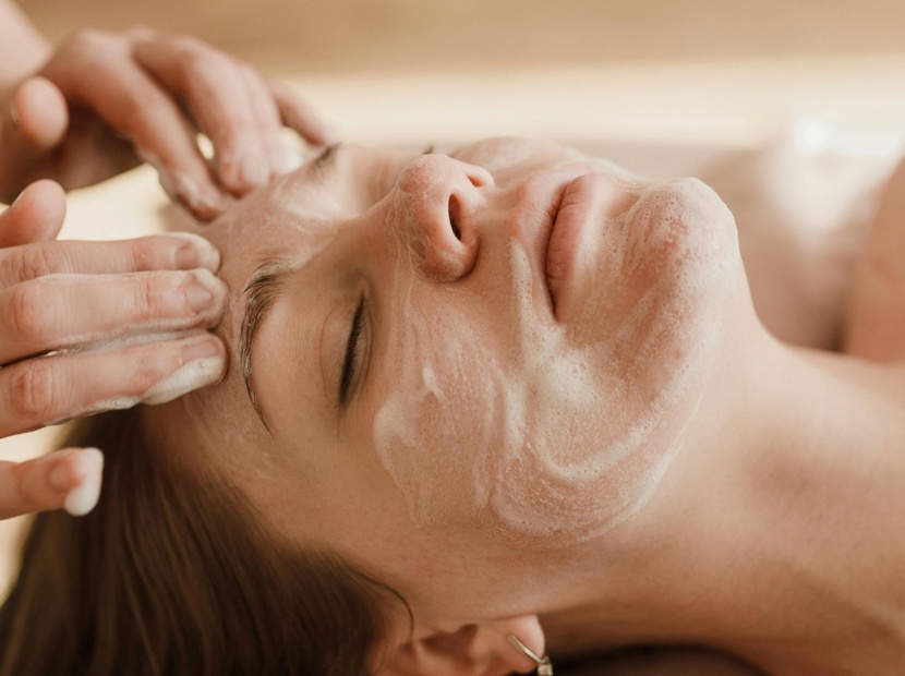 Relaksujący zabieg spa: kobieta z zamkniętymi oczami podczas oczyszczającego masażu twarzy z pianką.