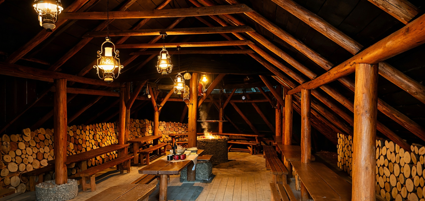 Rustykalna sala górskiej chaty: drewniane belki, długie stoły i ławy, centralne palenisko, stosy drewna i ciepłe lampy
