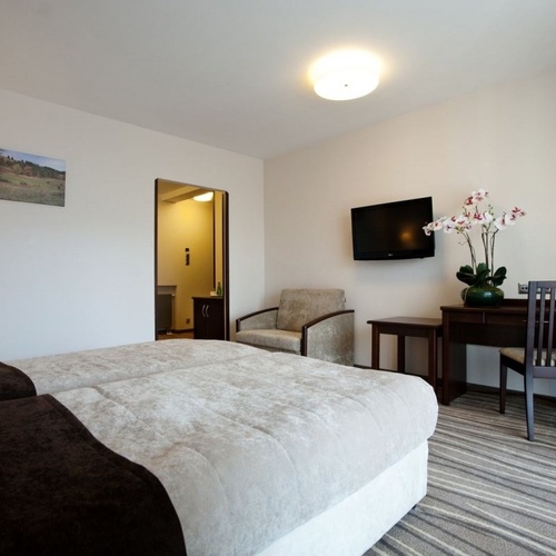 Przytulny pokój hotelowy z dużym łóżkiem, biurkiem i lampą, fotelem, telewizorem ściennym i storczykiem.