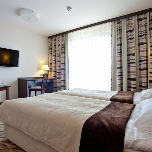 Pokój dwuosobowy z dwoma łóżkami, biurkiem, telewizorem, fotelem, bukietem tulipanów i butelką wina na stoliku