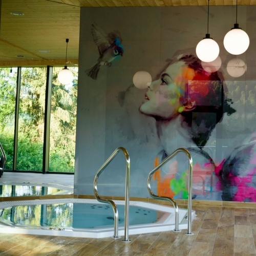 Wnętrze spa: jacuzzi z metalowymi poręczami, mural kobiety z kolorowymi skrzydłami, duże okna na zieleń.