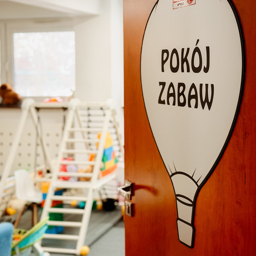 Hotelowy pokój zabaw z drewnianą drabinką, miękkimi matami, pluszakami i kolorowymi zabawkami — przytulna strefa dla dzieci.