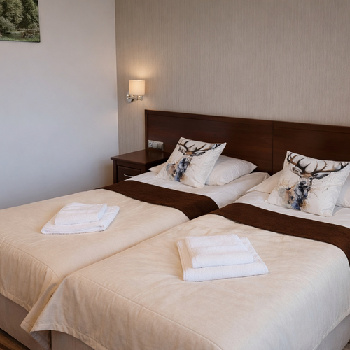 Dwa łóżka pojedyncze z drewnianym wezgłowiem, poduszkami z jeleniem, nocnymi lampkami i złożonymi białymi ręcznikami.