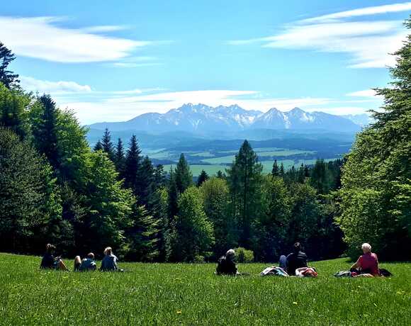 Goście odpoczywają na kocach na zielonej polanie, z widokiem na las i ośnieżone szczyty w tle.