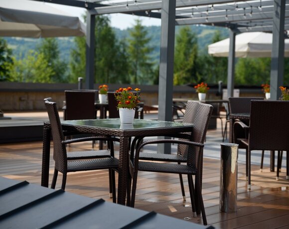 Taras hotelowej restauracji z rattanowymi stolikami, doniczkami z kwiatami, pergolą, parasolami i widokiem na leśne wzgórza.
