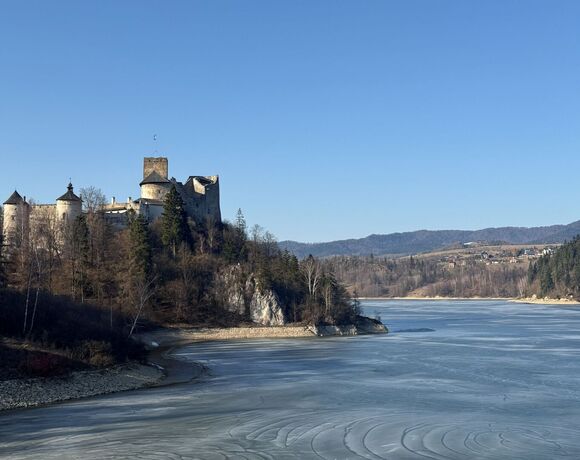 Zamek na skalnym wzgórzu nad zamarzniętym jeziorem, sosnowy las i pagórkowaty krajobraz pod jasnym niebem