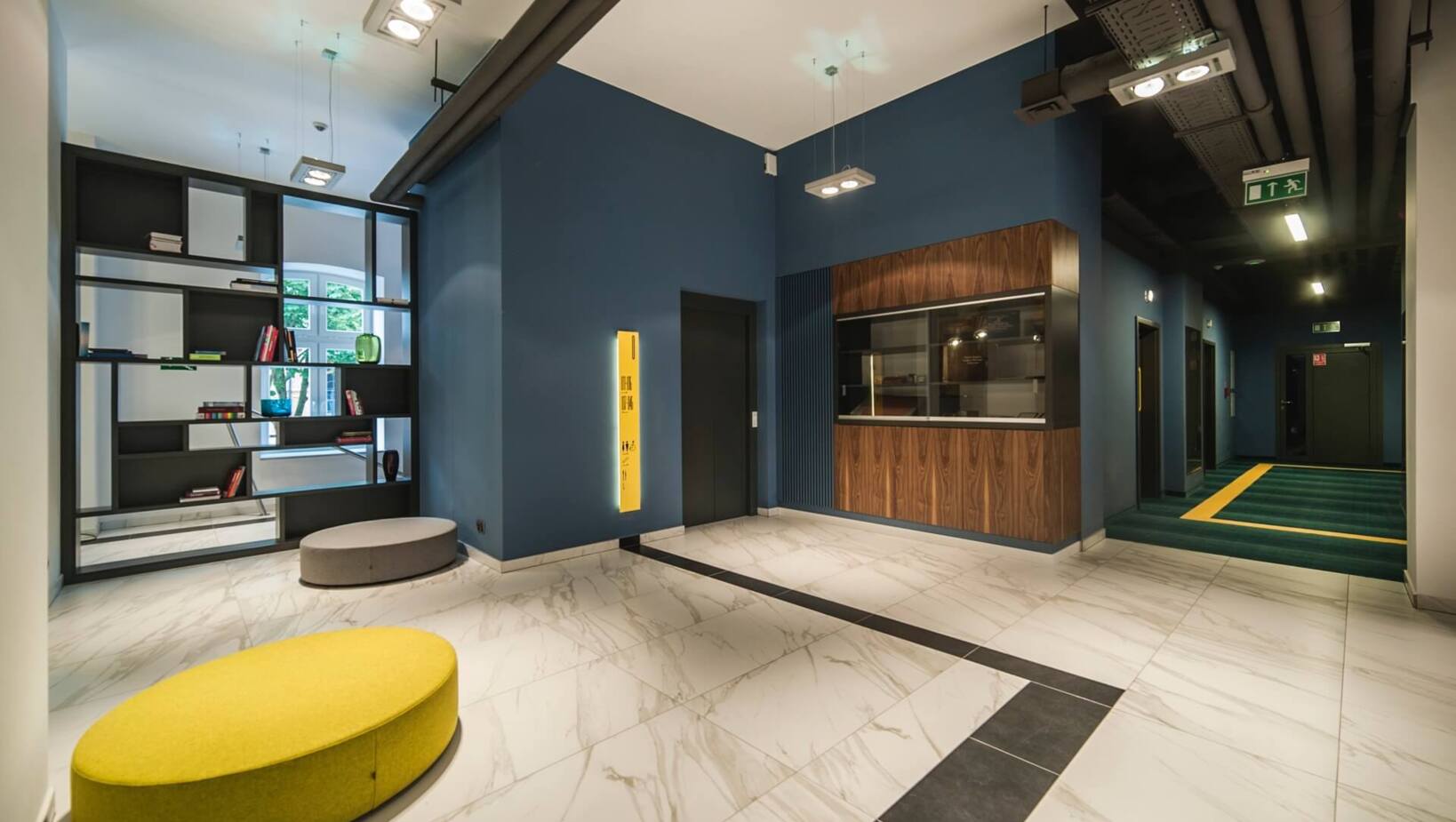 Hotel corridor with vivid colors on the walls