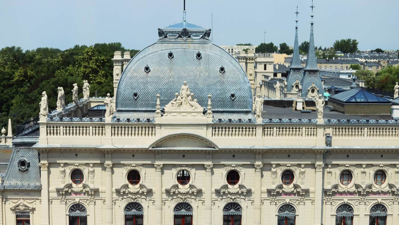 Panorama of Łódź architecture with tenement houses and modern buildings