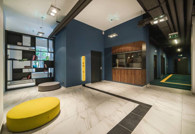 Hotel corridor with vivid colors on the walls