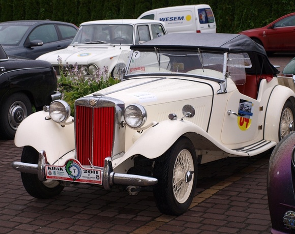 Cream vintage MG convertible with red grille, wire wheels and rally stickers parked on wet cobblestone at a car meet