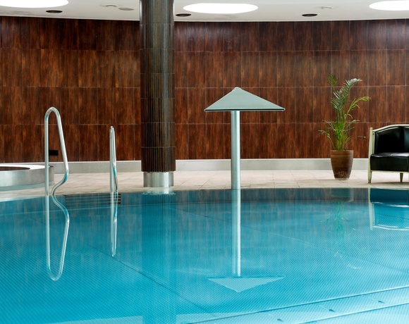Indoor hotel spa pool with stainless-steel water features, steps, wicker armchair and potted plant by warm wood-paneled wall