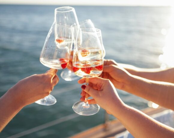 Goście wznoszą toast kieliszkami z białym winem i truskawkami na tle morskiego widoku podczas zachodu słońca.