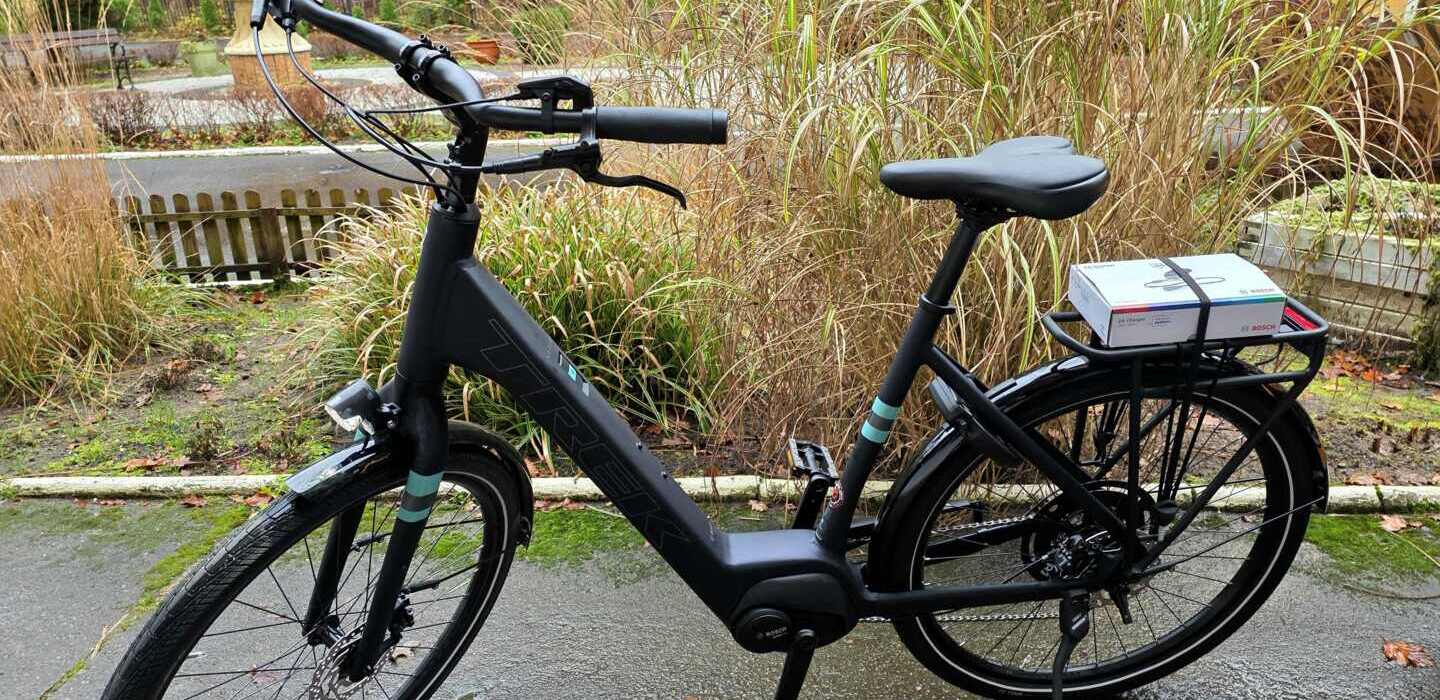 Czarny rower elektryczny z bagażnikiem i pudełkiem, zaparkowany na ścieżce w otoczeniu traw i roślin