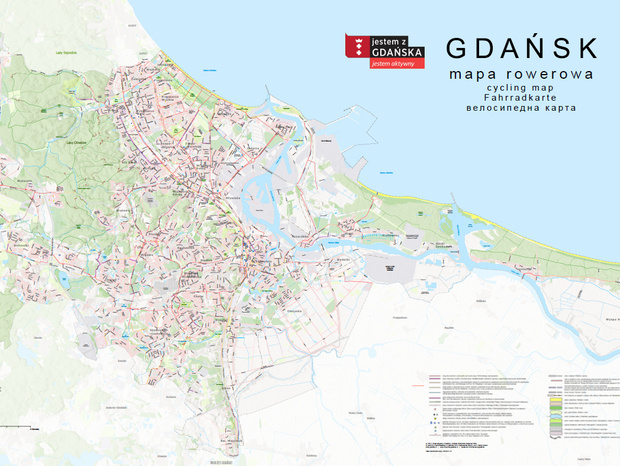 Mapa rowerowa Gdańska z wybrzeżem, oznaczonymi trasami rowerowymi, parkami, wodami i legendą mapy