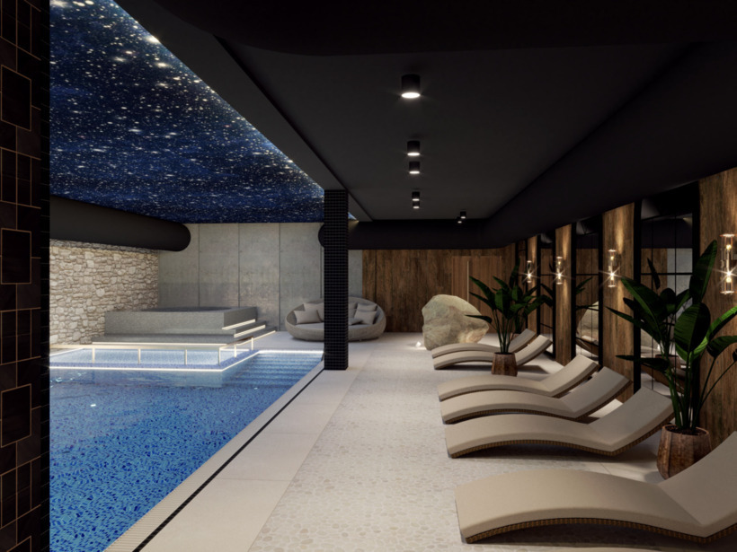 Vidaus SPA baseinas su žvaigždėtu LED lubų apšvietimu, mozaikiniu baseinu, išlenktais gultais, medinėmis sienomis ir švelniu apšvietimu