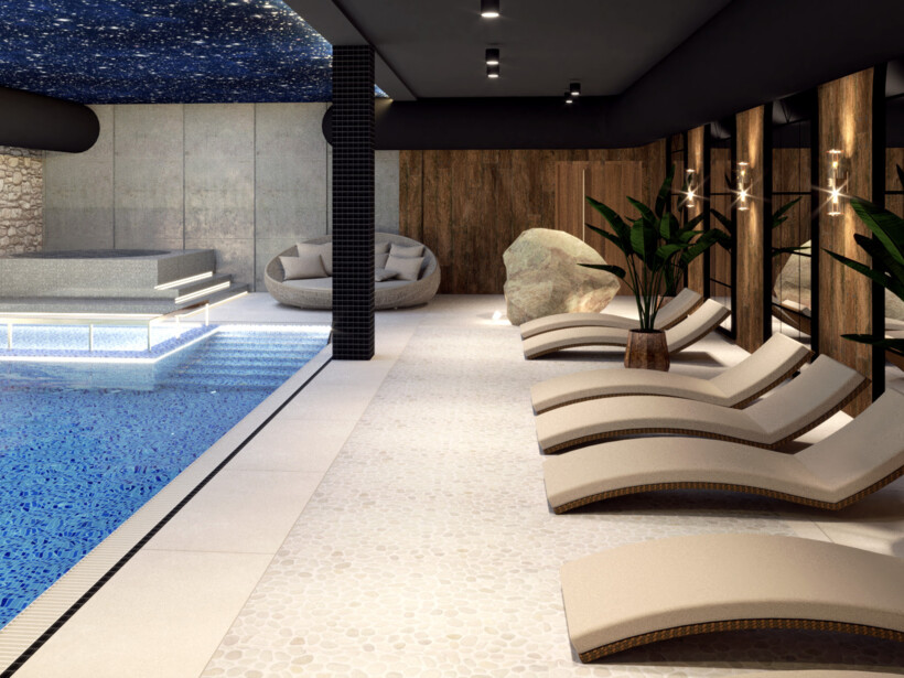 Vidaus SPA baseinas su mėlyna mozaika, hidromasažine vonia, išlinkusiais gultais, apvaliu poilsio krėslu, augalais ir žvaigždėtu stogu