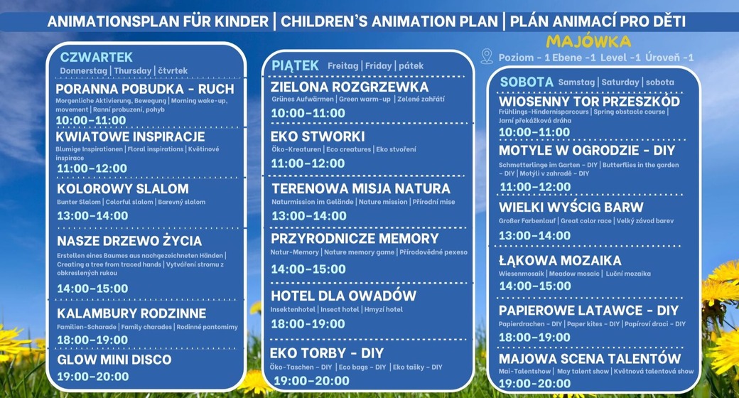 Plán animací pro děti na Majówku s programem čt–pá–so, časy a aktivitami, na pozadí modré oblohy, zelené trávy a pampelišek