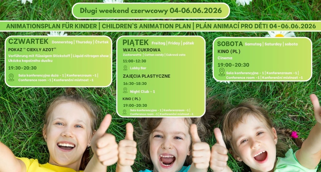 Program animací pro děti 4.–6. června 2026: tři usmívající se děti na trávě s palci nahoru a rozpis akcí