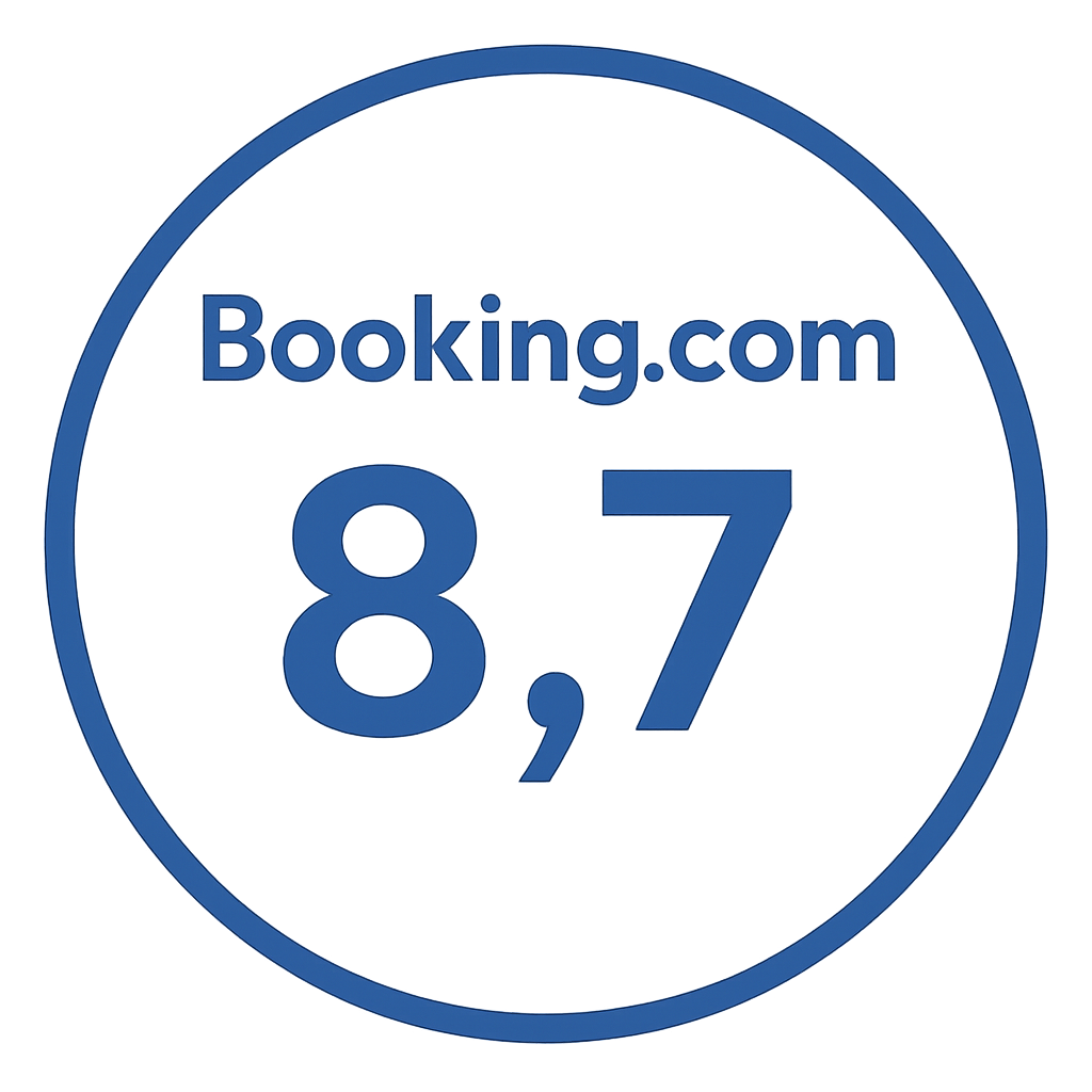 Ocena hotelu 8,7 na Booking.com w niebieskim okrągłym znaku