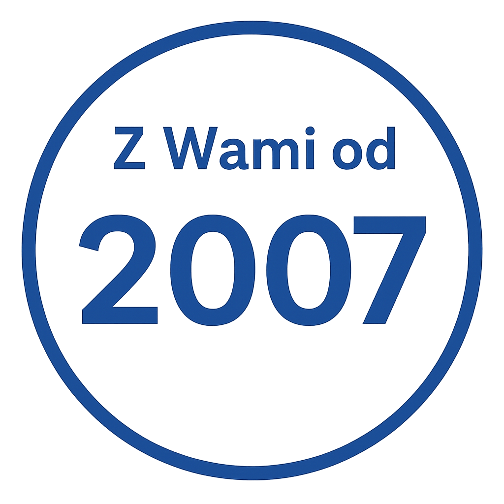 Niebieskie okrągłe oznaczenie z napisem 