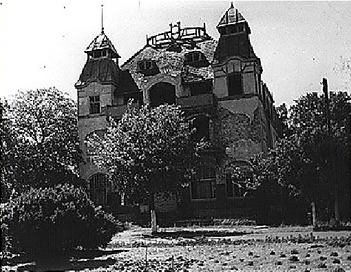 Zabytkowy hotel z wieżyczkami i zarośniętym dachem, otoczony drzewami i krzewami w nastrojowym otoczeniu.