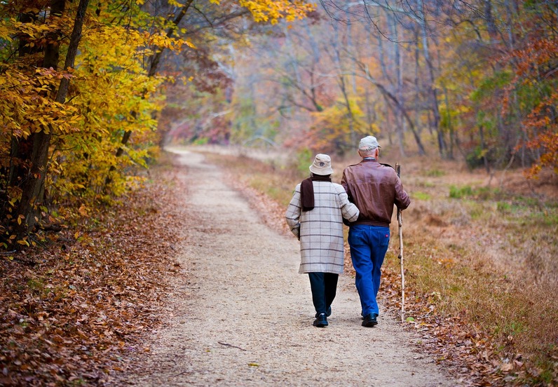 Elderly couple walking arm-in-arm down a leaf-strewn forest path in autumn, man using a walking stick.