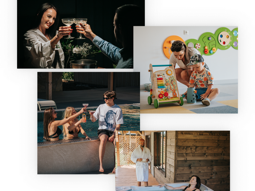 Para w eleganckim wnętrzu wznosi toast kieliszkami, przy basenie trójka gości świętuje, matka i dziecko bawią się w strefie zabaw, kobieta relaksuje się w jacuzzi w drewnianym spa