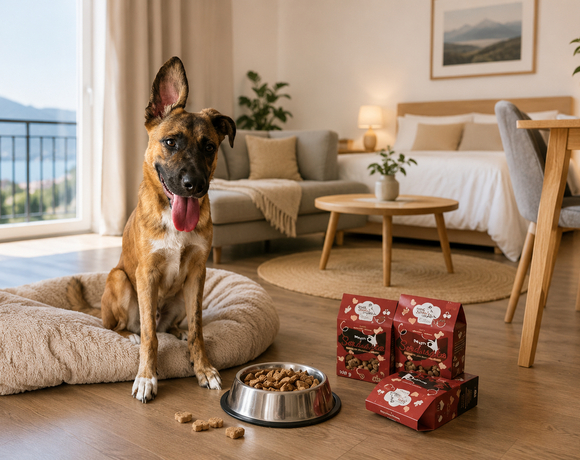 Friendly dog on plush bed in pet-friendly studio with sofa, lake-view balcony, metal food bowl and boxed dog treats.