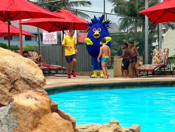 Poolside with bright blue water, red umbrellas and loungers; staff and children greeting a large blue bird mascot.