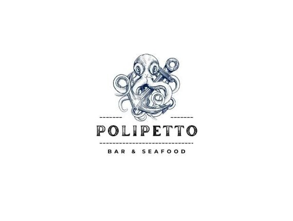 Hand-engraved octopus illustration above 'POLIPETTO' and 'Bar & Seafood' — vintage coastal seafood bar logo.