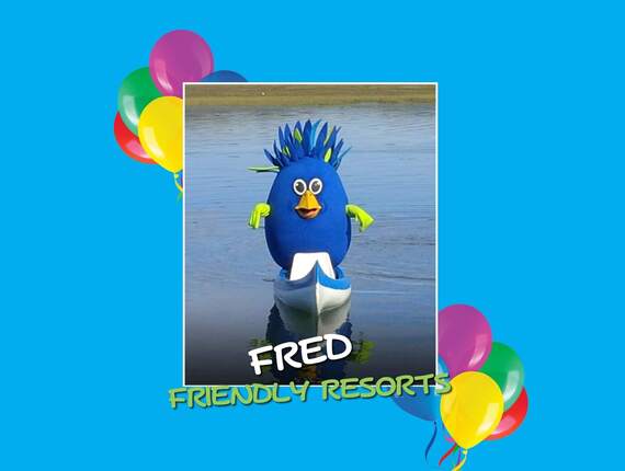 Blue bird mascot Fred paddling a canoe on calm water, family-resort mascot with balloons and Friendly Resorts logo