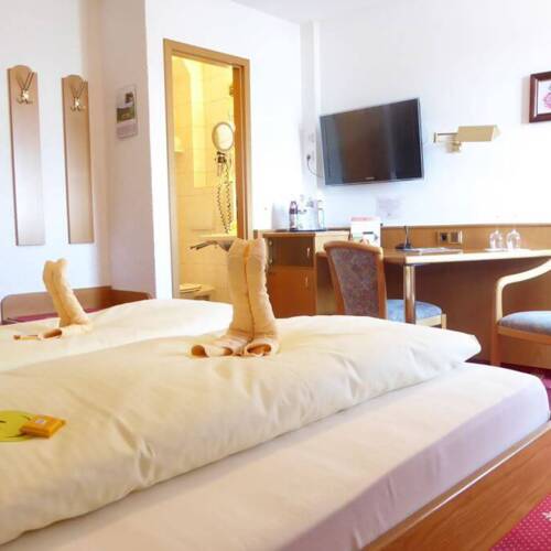 Helles Hotelzimmer mit Doppelbett, Schreibtisch, TV und Zugang zum Bad