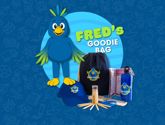 Kids' welcome goodie bag with blue mascot logo: drawstring bag, cap, water bottle, coloring book and pencils.