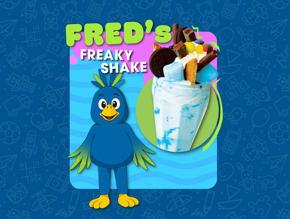 Colorful poster with blue bird mascot beside a blue-and-white freakshake topped with Oreo, marshmallow, candy and wafer.