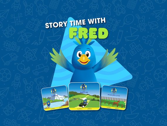 Cheerful blue bird mascot Fred promoting kids' storytime with three colorful activity cards on a playful blue background