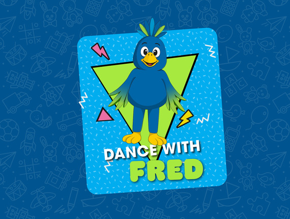 Blue cartoon bird mascot Fred with green crest, yellow beak and feet on playful kids-club poster reading 'Dance with Fred'