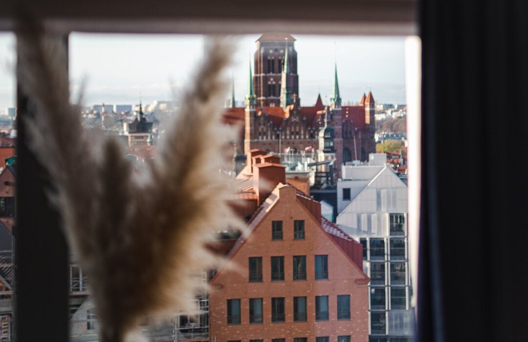 Trawa pampasowa stojąca w wazonie na parapecie okna ze Starym Miastem w Gdańsku w tle.