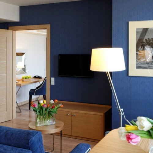 Telewizor, lampa i kwiaty w pokoju dziennym apartamentu hotelowego.