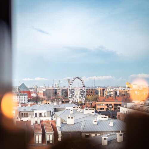 Widok z okna na dachy budynków, koło widokowe oraz błękitne, lekko zachmurzone niebo.