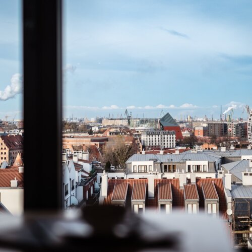 Widok z okna na dachy budynków oraz błękitne, lekko zachmurzone niebo.