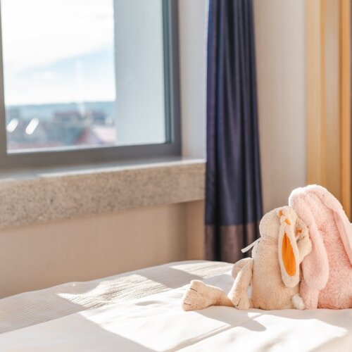 Dwa pluszowe króliczki siedzące na łóżku, skierowane w stronę okna.